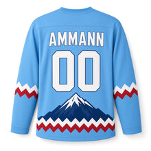 Load image into Gallery viewer, Switzerland Summit Peak Original Hockey Jersey in Summit Sky, back view with your name and number