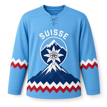 Load image into Gallery viewer, Switzerland Summit Peak Original Hockey Jersey in Summit Sky, front view – custom name and number