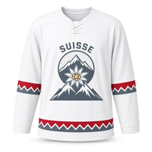 Load image into Gallery viewer, Switzerland Summit Peak Original Hockey Jersey in Snow White, front view – custom name and number