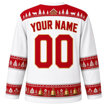 Load image into Gallery viewer, Switzerland Original Hockey Jersey in Glacier White, back view with your name and number – papercut-lace yoke and Appenzell embroidery sleeve bands