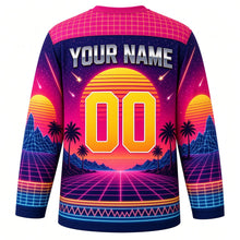Load image into Gallery viewer, Synthwave Sunset Original Hockey Jersey in Sunset Magenta, back view with your name and number – neon laser-grid yoke and stacked neon sleeve stripes