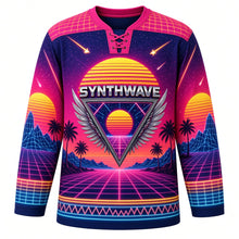 Load image into Gallery viewer, Synthwave Sunset Original Hockey Jersey in Sunset Magenta, front view – striped neon sun over grid mountains and winged-sun chrome crest, custom name and number
