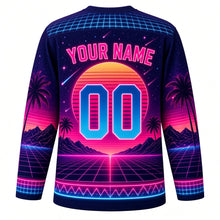 Load image into Gallery viewer, Synthwave Sunset Original Hockey Jersey in Neon Night, back view with your name and number – neon laser-grid yoke and stacked neon sleeve stripes