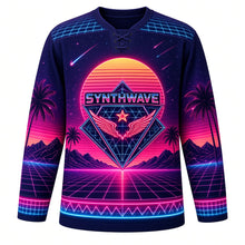 Load image into Gallery viewer, Synthwave Sunset Original Hockey Jersey in Neon Night, front view – striped neon sun over grid mountains and winged-sun chrome crest, custom name and number