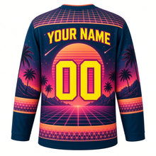Load image into Gallery viewer, Synthwave Sunset Original Hockey Jersey in Midnight Coral, back view with your name and number – neon laser-grid yoke and stacked neon sleeve stripes