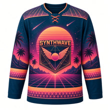 Load image into Gallery viewer, Synthwave Sunset Original Hockey Jersey in Midnight Coral, front view – striped neon sun over grid mountains and winged-sun chrome crest, custom name and number