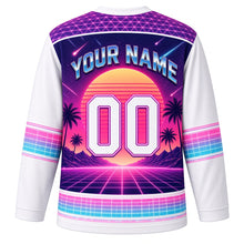 Load image into Gallery viewer, Synthwave Sunset Original Hockey Jersey in Chrome White, back view with your name and number – neon laser-grid yoke and stacked neon sleeve stripes