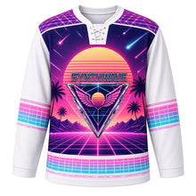 Load image into Gallery viewer, Synthwave Sunset Original Hockey Jersey in Chrome White, front view – striped neon sun over grid mountains and winged-sun chrome crest, custom name and number