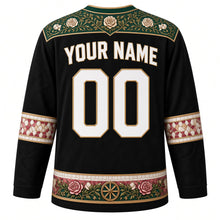Load image into Gallery viewer, Syria Original Hockey Jersey in Basalt Black, back view with your name and number – gold-thread damask yoke and wood-mosaic sleeve bands