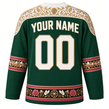 Load image into Gallery viewer, Syria Original Hockey Jersey in Damask Green, back view with your name and number – gold-thread damask yoke and wood-mosaic sleeve bands