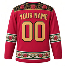 Load image into Gallery viewer, Syria Original Hockey Jersey in Damascene Rose Red, back view with your name and number – gold-thread damask yoke and wood-mosaic sleeve bands