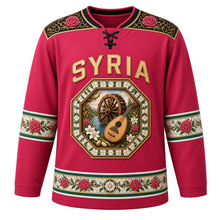Load image into Gallery viewer, Syria Original Hockey Jersey in Damascene Rose Red, front view – ornate octagonal inlay medallion with Hama water wheel, oud and Damascene roses, detailed artwork, custom name and number