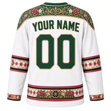 Load image into Gallery viewer, Syria Original Hockey Jersey in Jasmine White, back view with your name and number – gold-thread damask yoke and wood-mosaic sleeve bands