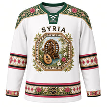 Load image into Gallery viewer, Syria Original Hockey Jersey in Jasmine White, front view – ornate octagonal inlay medallion with Hama water wheel, oud and Damascene roses, detailed artwork, custom name and number