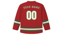 Load image into Gallery viewer, Syttende Mai Original Hockey Jersey in Rosemaling Red, back view with your name and number