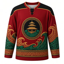 Load image into Gallery viewer, Tabuik Festival Original Hockey Jersey in Crimson, front view with themed artwork and clean crest