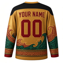 Load image into Gallery viewer, Tabuik Festival Original Hockey Jersey in Songket Gold, back view with custom YOUR NAME and 00