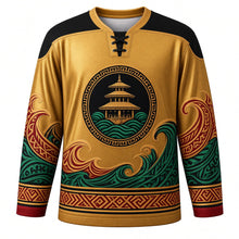 Load image into Gallery viewer, Tabuik Festival Original Hockey Jersey in Songket Gold, front view with themed artwork and clean crest