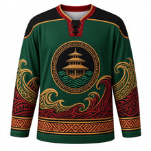 Load image into Gallery viewer, Tabuik Festival Original Hockey Jersey in Emerald, front view with themed artwork and clean crest