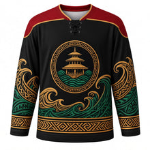 Load image into Gallery viewer, Tabuik Festival Original Hockey Jersey in Black, front view with themed artwork and clean crest