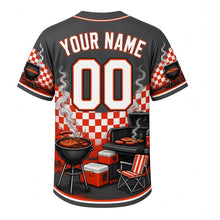 Load image into Gallery viewer, Tailgate Grill Milwaukee Baseball Jersey in Charcoal Smoke, back view with your name and number – custom name and number with checkered sleeve trim