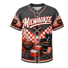 Load image into Gallery viewer, Tailgate Grill Milwaukee Baseball Jersey in Charcoal Smoke, front view – tailgate grills, coolers and checkered flag art, custom name and number