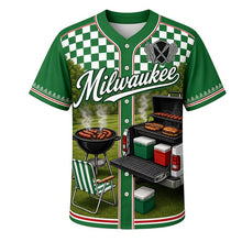 Load image into Gallery viewer, Tailgate Grill Milwaukee Baseball Jersey in Lawn Chair Green, front view – tailgate grills, coolers and checkered flag art, custom name and number