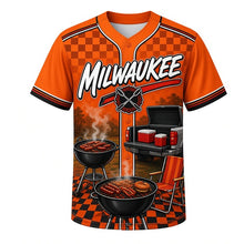 Load image into Gallery viewer, Tailgate Grill Milwaukee Baseball Jersey in Hot Coals Orange, front view – tailgate grills, coolers and checkered flag art, custom name and number