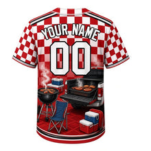 Load image into Gallery viewer, Tailgate Grill Milwaukee Baseball Jersey in Checkered Flag Red, back view with your name and number – custom name and number with checkered sleeve trim