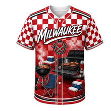 Load image into Gallery viewer, Tailgate Grill Milwaukee Baseball Jersey in Checkered Flag Red, front view – tailgate grills, coolers and checkered flag art, custom name and number