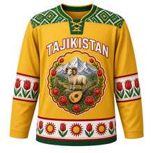 Load image into Gallery viewer, Tajikistan Original Hockey Jersey in Atlas Gold, front view – ornate suzani rosette medallion with Pamir peaks, Marco Polo sheep and rubab, detailed artwork, custom name and number