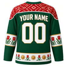 Load image into Gallery viewer, Tajikistan Original Hockey Jersey in Valley Green, back view with your name and number – atlas ikat silk yoke and chakan tulip sleeve bands