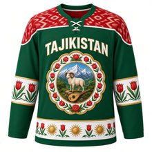Load image into Gallery viewer, Tajikistan Original Hockey Jersey in Valley Green, front view – ornate suzani rosette medallion with Pamir peaks, Marco Polo sheep and rubab, detailed artwork, custom name and number