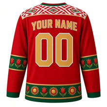 Load image into Gallery viewer, Tajikistan Original Hockey Jersey in Tulip Red, back view with your name and number – atlas ikat silk yoke and chakan tulip sleeve bands