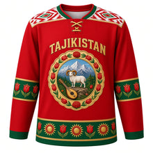 Load image into Gallery viewer, Tajikistan Original Hockey Jersey in Tulip Red, front view – ornate suzani rosette medallion with Pamir peaks, Marco Polo sheep and rubab, detailed artwork, custom name and number
