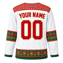 Load image into Gallery viewer, Tajikistan Original Hockey Jersey in Pamir Snow White, back view with your name and number – atlas ikat silk yoke and chakan tulip sleeve bands