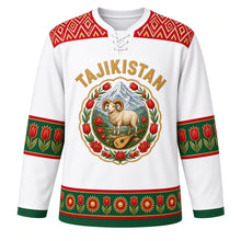 Load image into Gallery viewer, Tajikistan Original Hockey Jersey in Pamir Snow White, front view – ornate suzani rosette medallion with Pamir peaks, Marco Polo sheep and rubab, detailed artwork, custom name and number