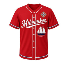 Load image into Gallery viewer, Tall Ship Schooner Milwaukee Baseball Jersey in Signal Flag Red, front view – two-masted schooner under sail graphic with compass-rose crest, custom name and number