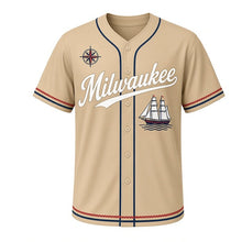 Load image into Gallery viewer, Tall Ship Schooner Milwaukee Baseball Jersey in Rope Tan, front view – two-masted schooner under sail graphic with compass-rose crest, custom name and number