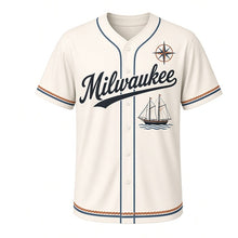 Load image into Gallery viewer, Tall Ship Schooner Milwaukee Baseball Jersey in Canvas Sail Cream, front view – two-masted schooner under sail graphic with compass-rose crest, custom name and number
