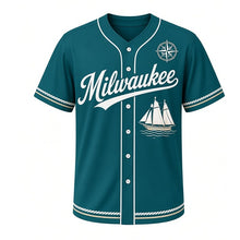 Load image into Gallery viewer, Tall Ship Schooner Milwaukee Baseball Jersey in Deep Lake Teal, front view – two-masted schooner under sail graphic with compass-rose crest, custom name and number