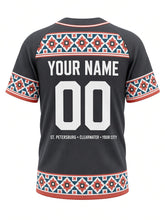 Load image into Gallery viewer, Tampa Bay Original Baseball Jersey in Charcoal, back view with mosaic tile yoke and a ST. PETERSBURG • CLEARWATER • YBOR CITY city line and your name and number