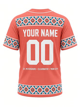 Load image into Gallery viewer, Tampa Bay Original Baseball Jersey in Coral, back view with mosaic tile yoke and a ST. PETERSBURG • CLEARWATER • YBOR CITY city line and your name and number