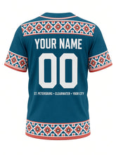 Load image into Gallery viewer, Tampa Bay Original Baseball Jersey in Teal, back view with mosaic tile yoke and a ST. PETERSBURG • CLEARWATER • YBOR CITY city line and your name and number