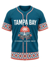Load image into Gallery viewer, Tampa Bay Original Baseball Jersey in Teal, front view – teal body with coral and white piping, Ybor City-style mosaic tile trim, Gulf sunset palm emblem and a ST. PETERSBURG • CLEARWATER • YBOR CITY city line – custom name and number