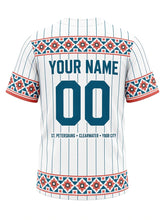 Load image into Gallery viewer, Tampa Bay Original Baseball Jersey in White, back view with mosaic tile yoke and a ST. PETERSBURG • CLEARWATER • YBOR CITY city line and your name and number