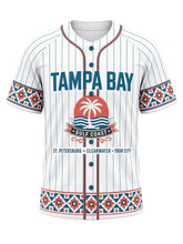 Load image into Gallery viewer, Tampa Bay Original Baseball Jersey in White, front view – white pinstripe body with teal piping, Ybor City-style mosaic tile trim, Gulf sunset palm emblem and a ST. PETERSBURG • CLEARWATER • YBOR CITY city line – custom name and number