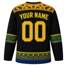 Load image into Gallery viewer, Tanzania Original Hockey Jersey in Ebony Night, back view with your name and number – kanga-border yoke and Tingatinga bird sleeve bands