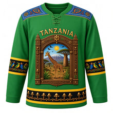 Load image into Gallery viewer, Tanzania Original Hockey Jersey in Serengeti Green, front view – ornate Zanzibar carved-door crest with Kilimanjaro and giraffe in Tingatinga style, detailed artwork, custom name and number