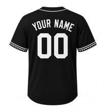 Load image into Gallery viewer, Tavern Dartboard Milwaukee Baseball Jersey in Tavern Black, back view with your name and number – custom block name and number with checker-stripe sleeves